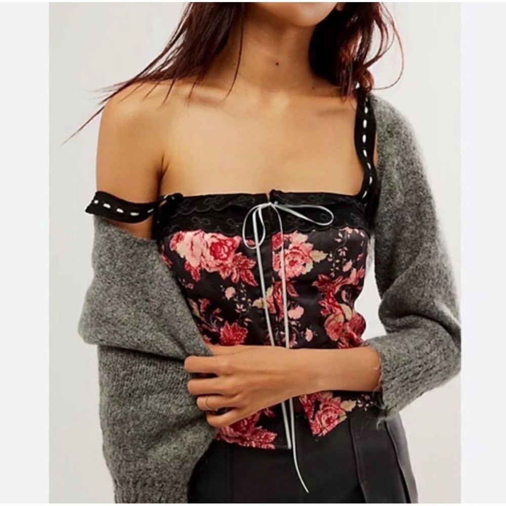 Free People Belle Whimsigoth Boho Floral Corset Camisole Lace Bow Tank Top XL